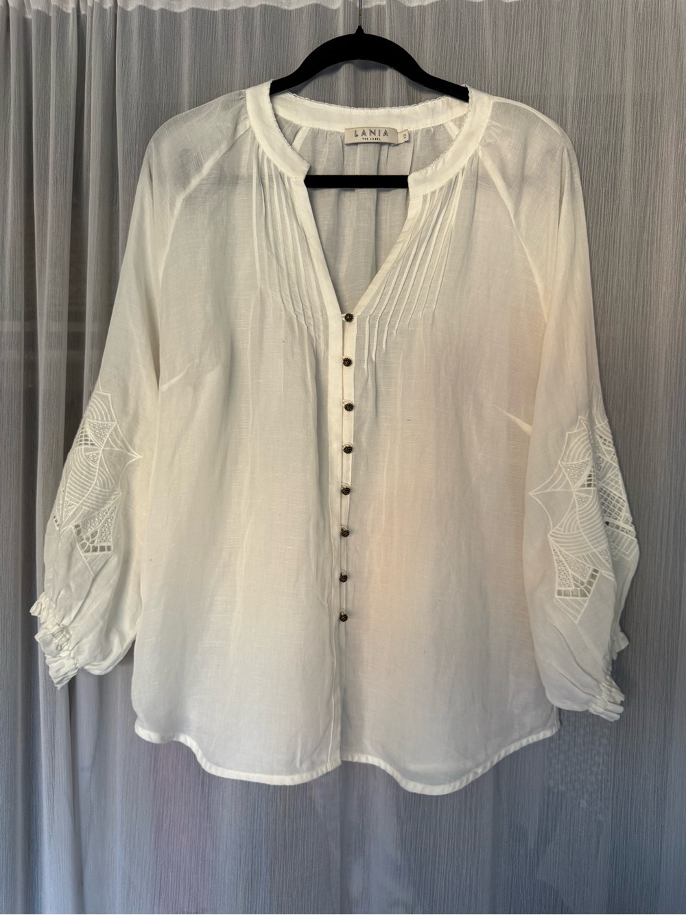 Lani White Button-Front Embroidered Sleeve Tunic